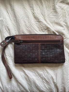 NWOT Jack Georges Woven Brown  Leather Wristlet Clutch